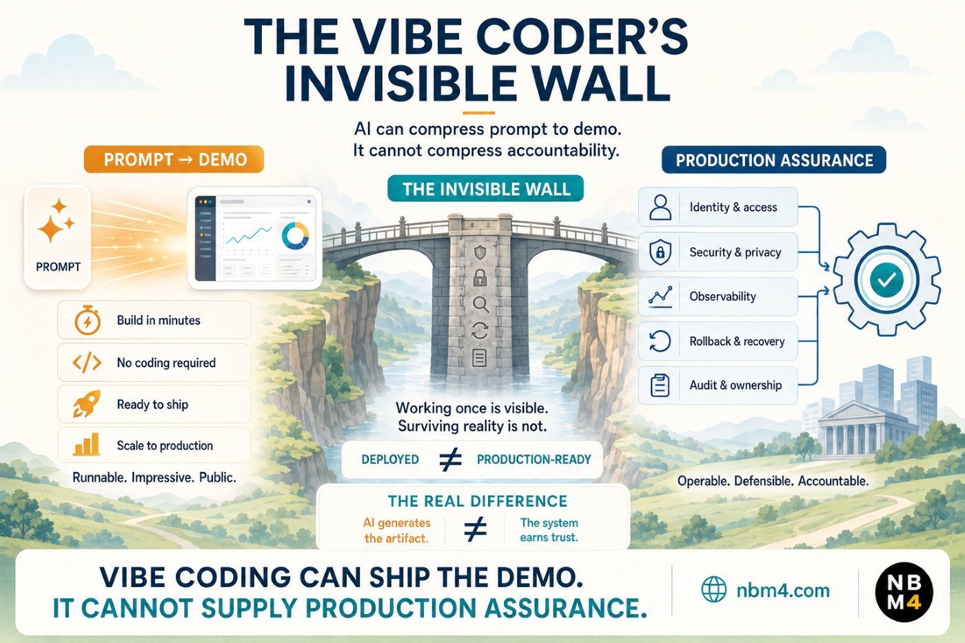 Infographic titled The Vibe Coder’s Invisible Wall. It shows that AI can ship a demo, but cannot supply production assurance requirements like security, observability, and audit